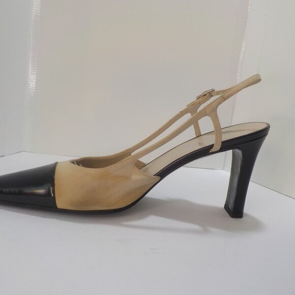CHANEL, Vintage, Cream Textile & Black Leather cap, Sling back, 3.5" Med. Heel - Picture 4 of 9